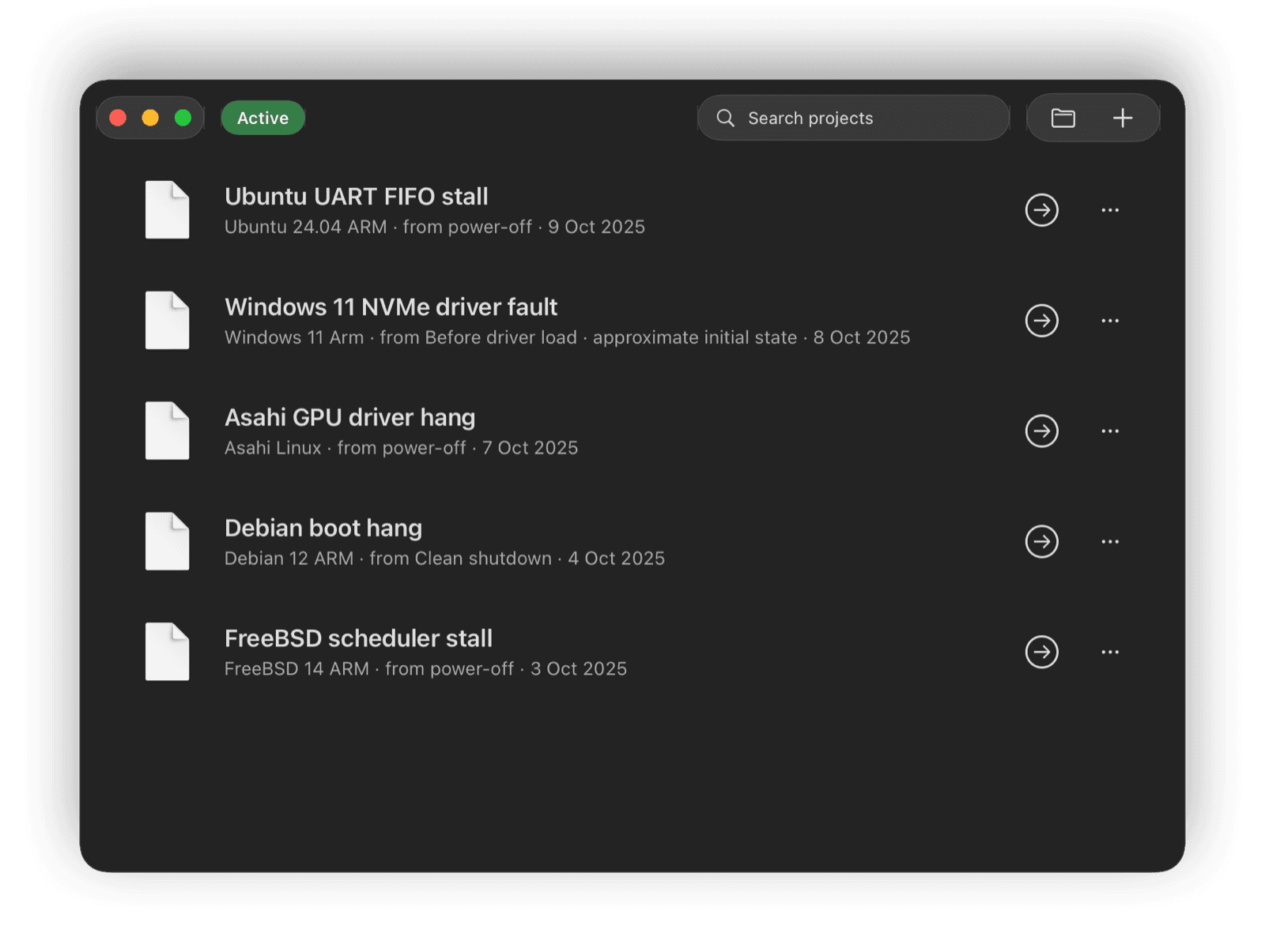 The Deep Dive launcher listing recent projects