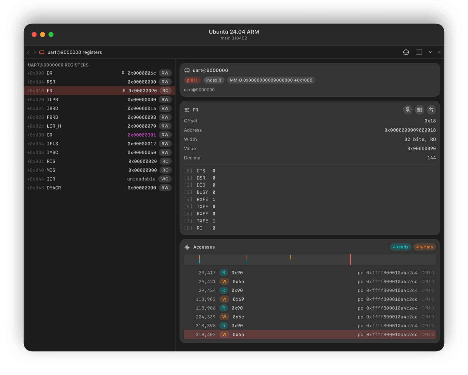 A UART's registers in Deep Dive with the reads and writes recorded against the selected one