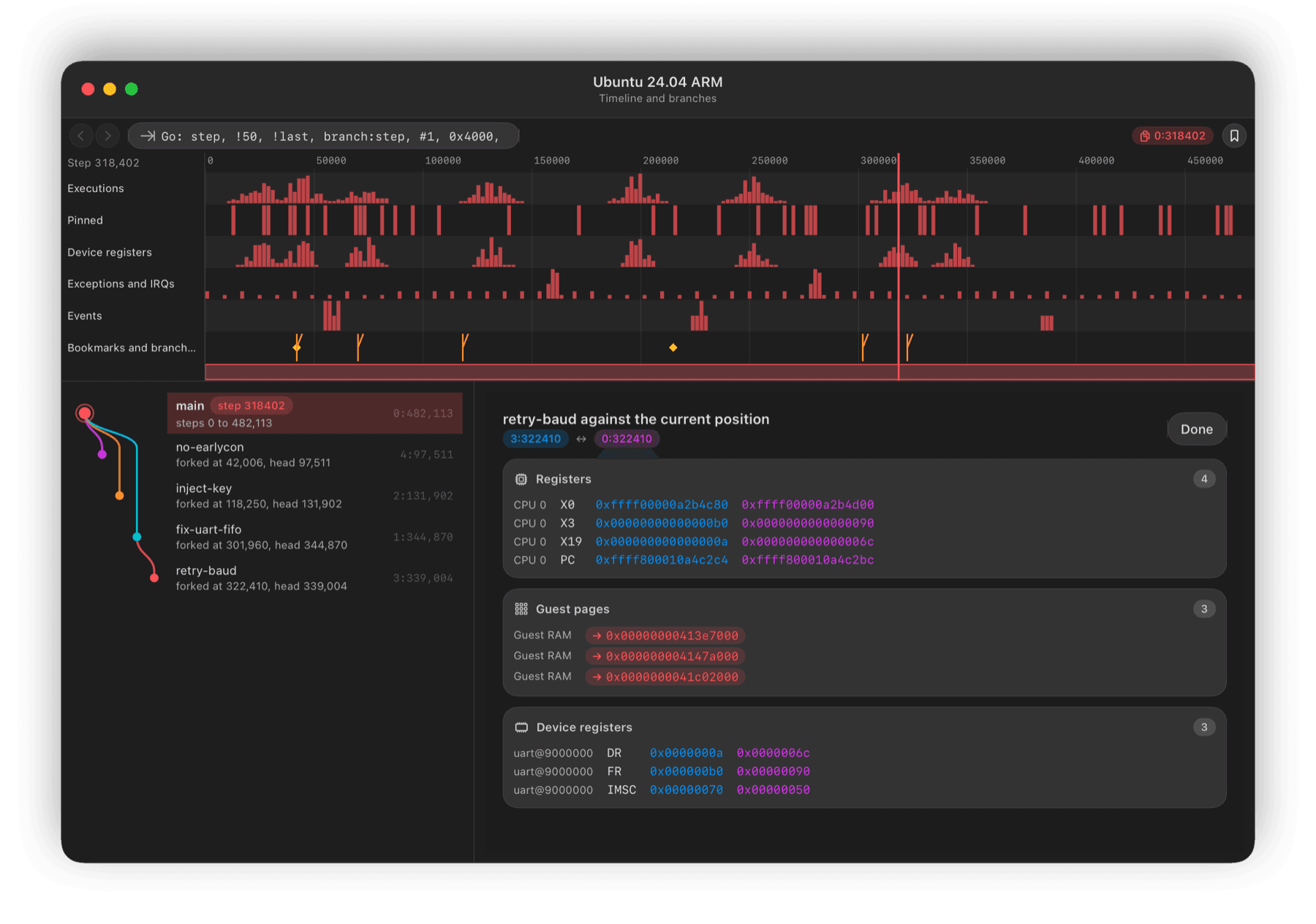 The Deep Dive timeline with forked branches and a diff between two branches