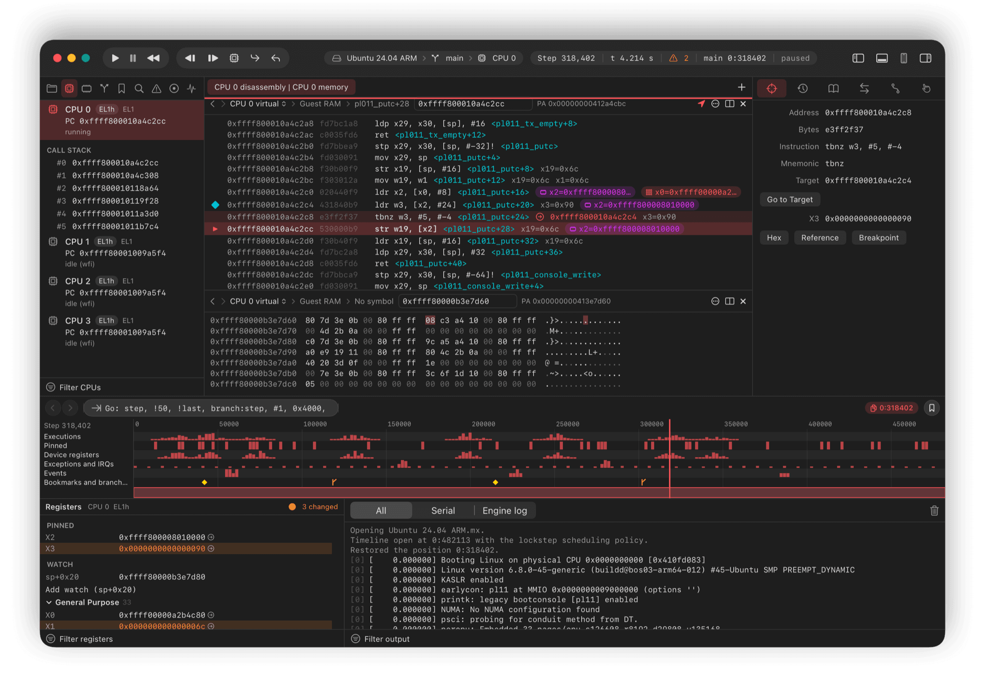 A Deep Dive project window: CPUs and call stack, disassembly and memory, instruction inspector, step timeline, registers and serial console